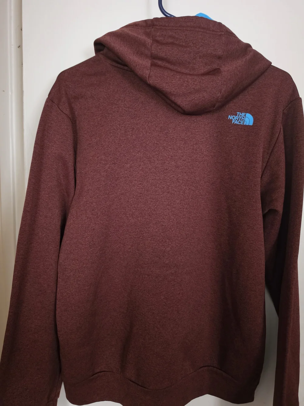 The North Face Maroon Hoodie with Bright Blue Accents